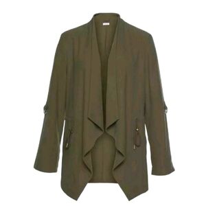 Draped green jacket.